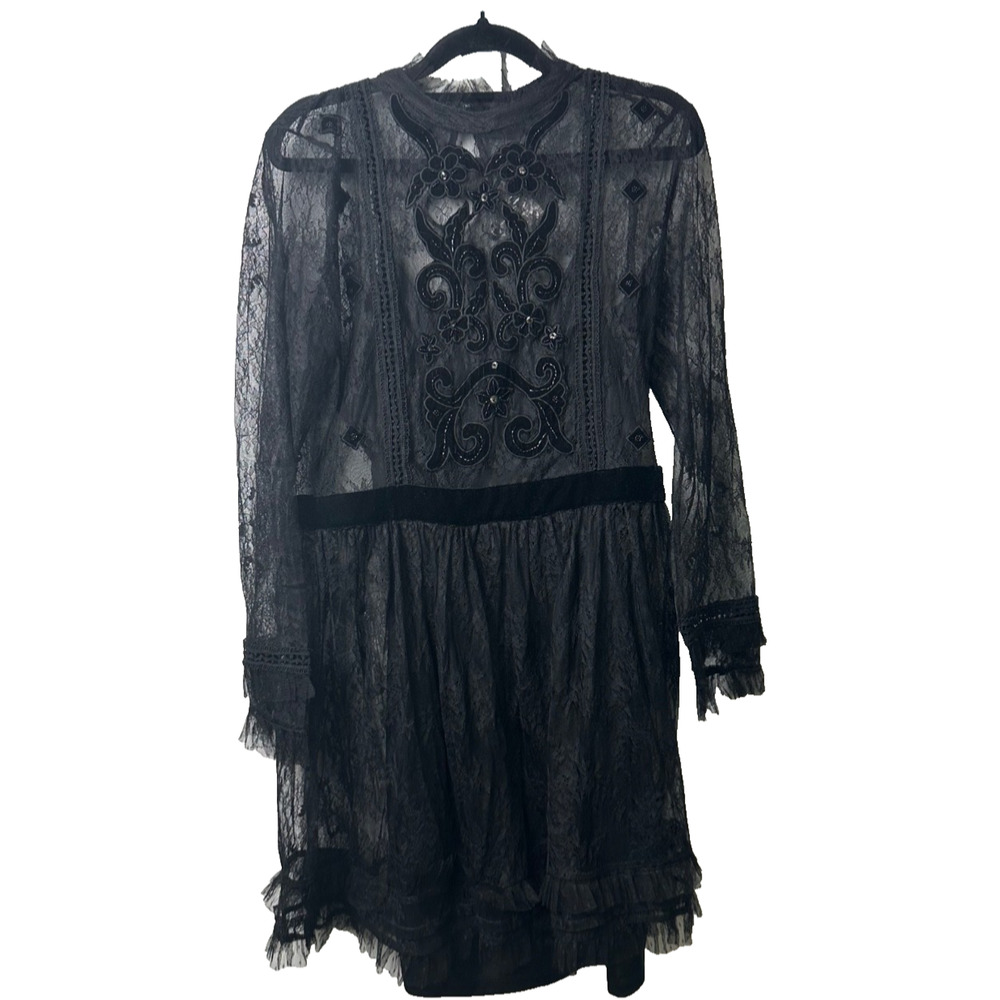 NWOT Zara Basic Collection Shift Dress Black Lace and Beaded Lined Size L A20